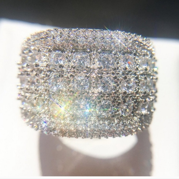 NEW Silver Round Simulate Diamond Pave Wide Band Ring - Picture 10 of 13